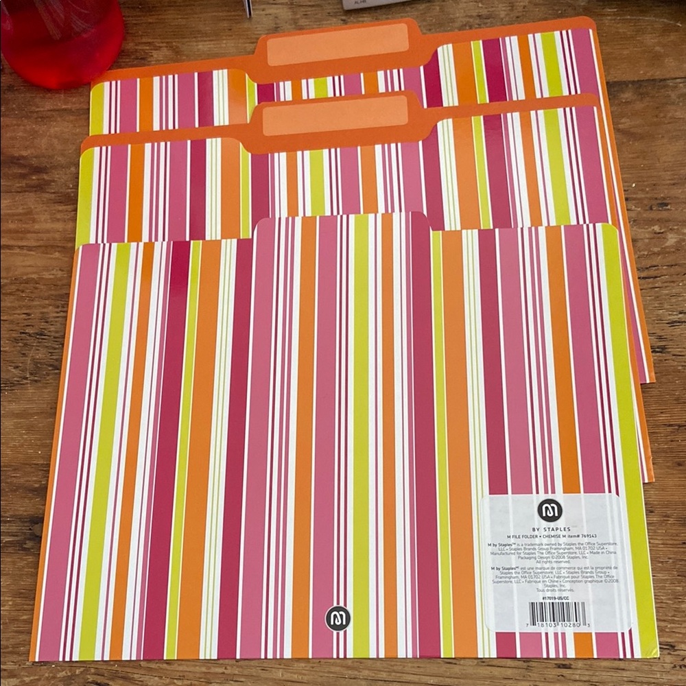 M by Staples Colorful Striped File Folders. NWT standard size  set of 3